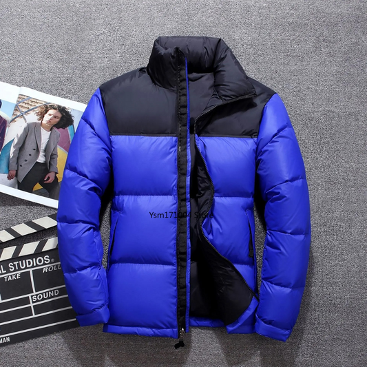 Men's puffer jacket with high collar and full-length zip