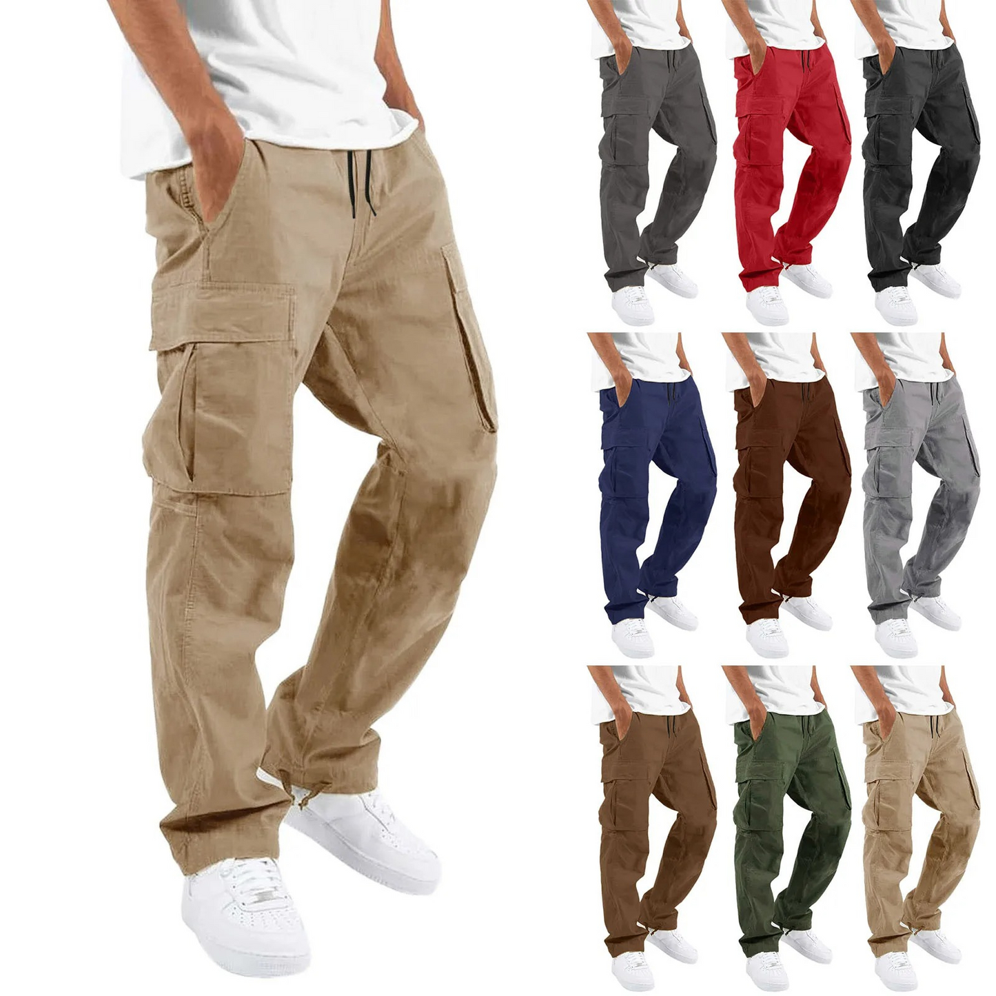 Cargo trousers men - Casual wide fit with side pockets, adjustable waistband