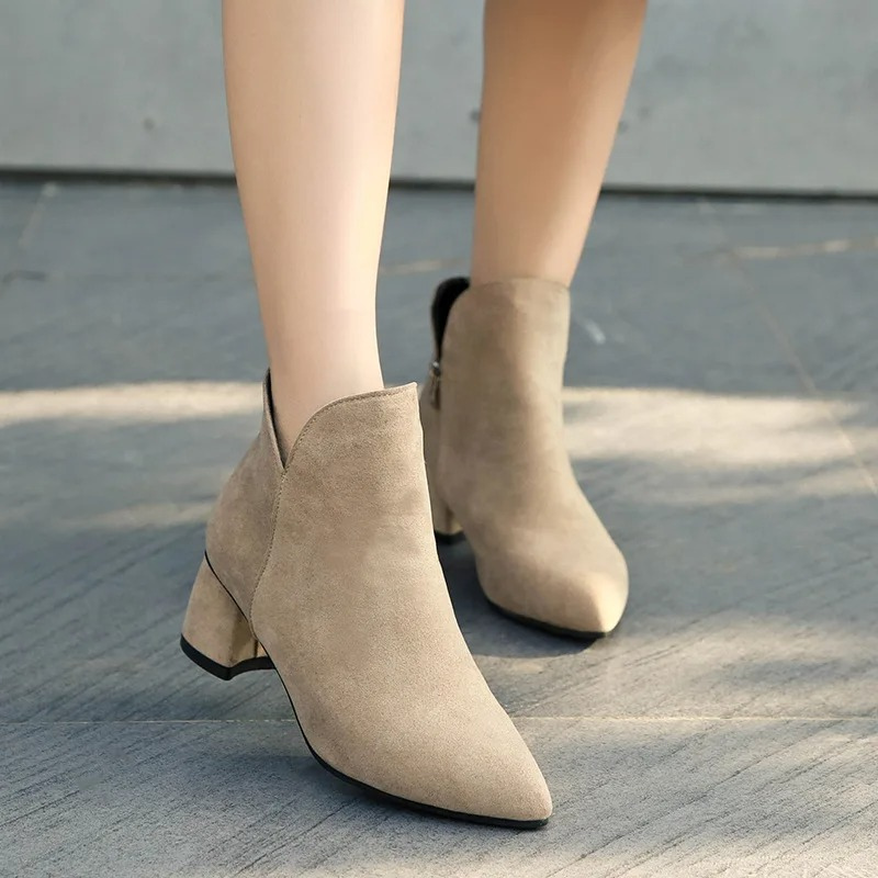 Pointed Ankle Boots with Block Heel - Women's Ankle Boots