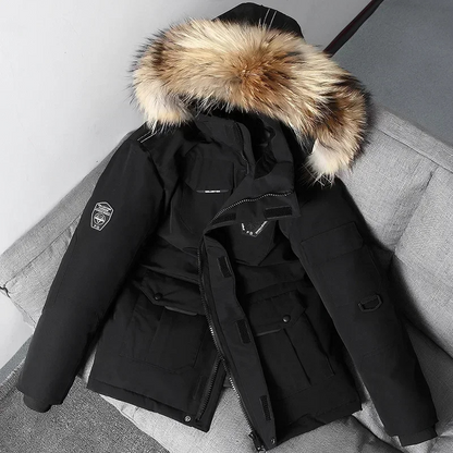 Men's parka winter jacket with fur hood and several pockets