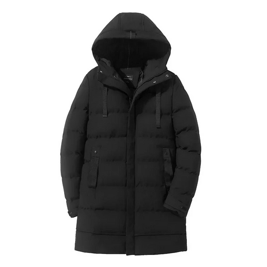 Men's long puffer jacket with hood and several pockets