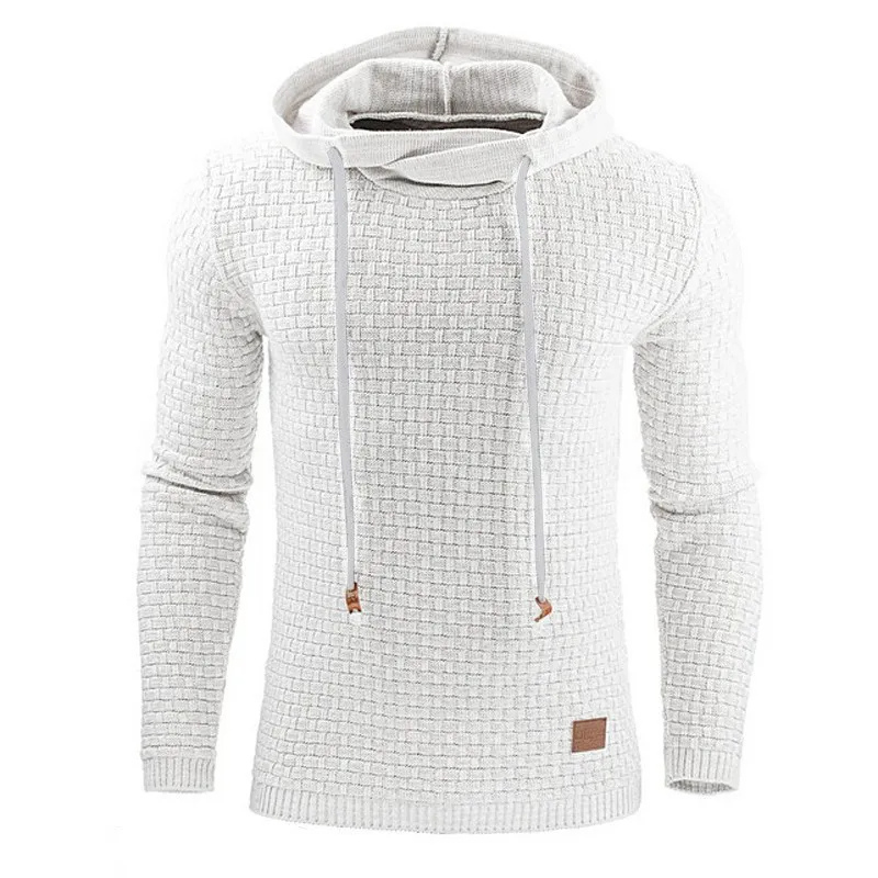 Men's sweater with hood, structured knitted jumper with drawstring