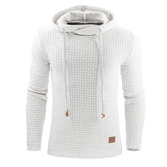 Men's sweater with hood, structured knitted jumper with drawstring