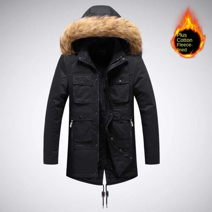 Men's parka winter jacket with fur hood and fleece lining