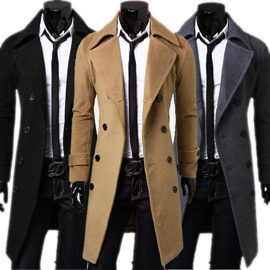 Stylish men's coat - Long double-breasted coat with slim fit