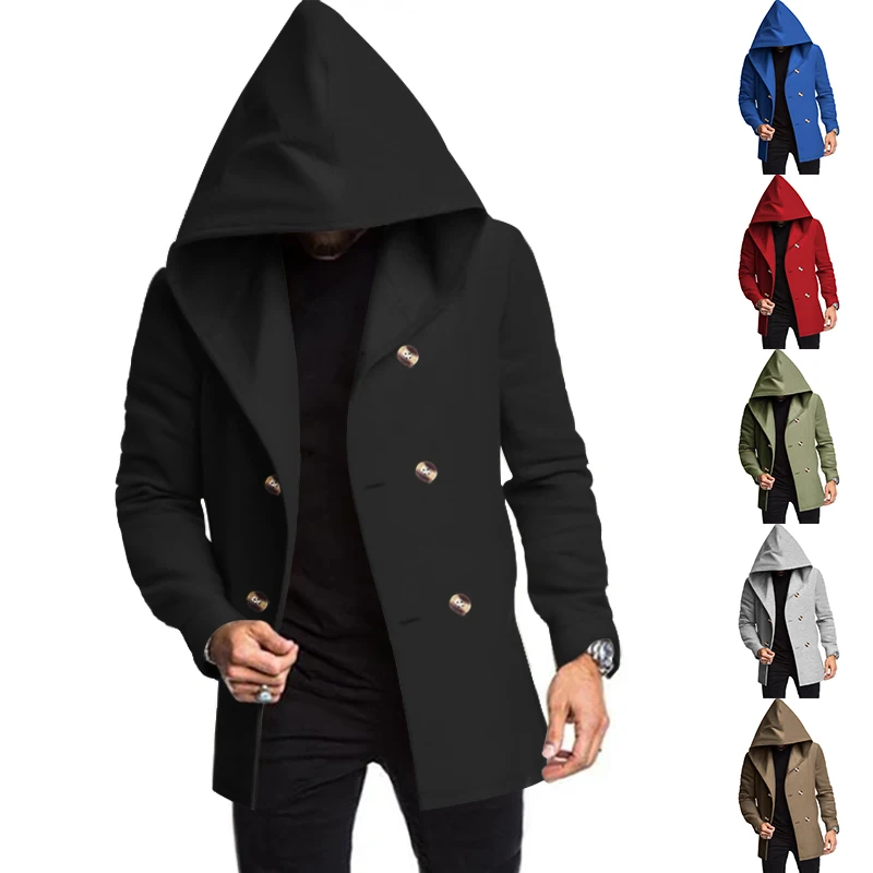 Modern men's coat - Double-buttoned coat with hood