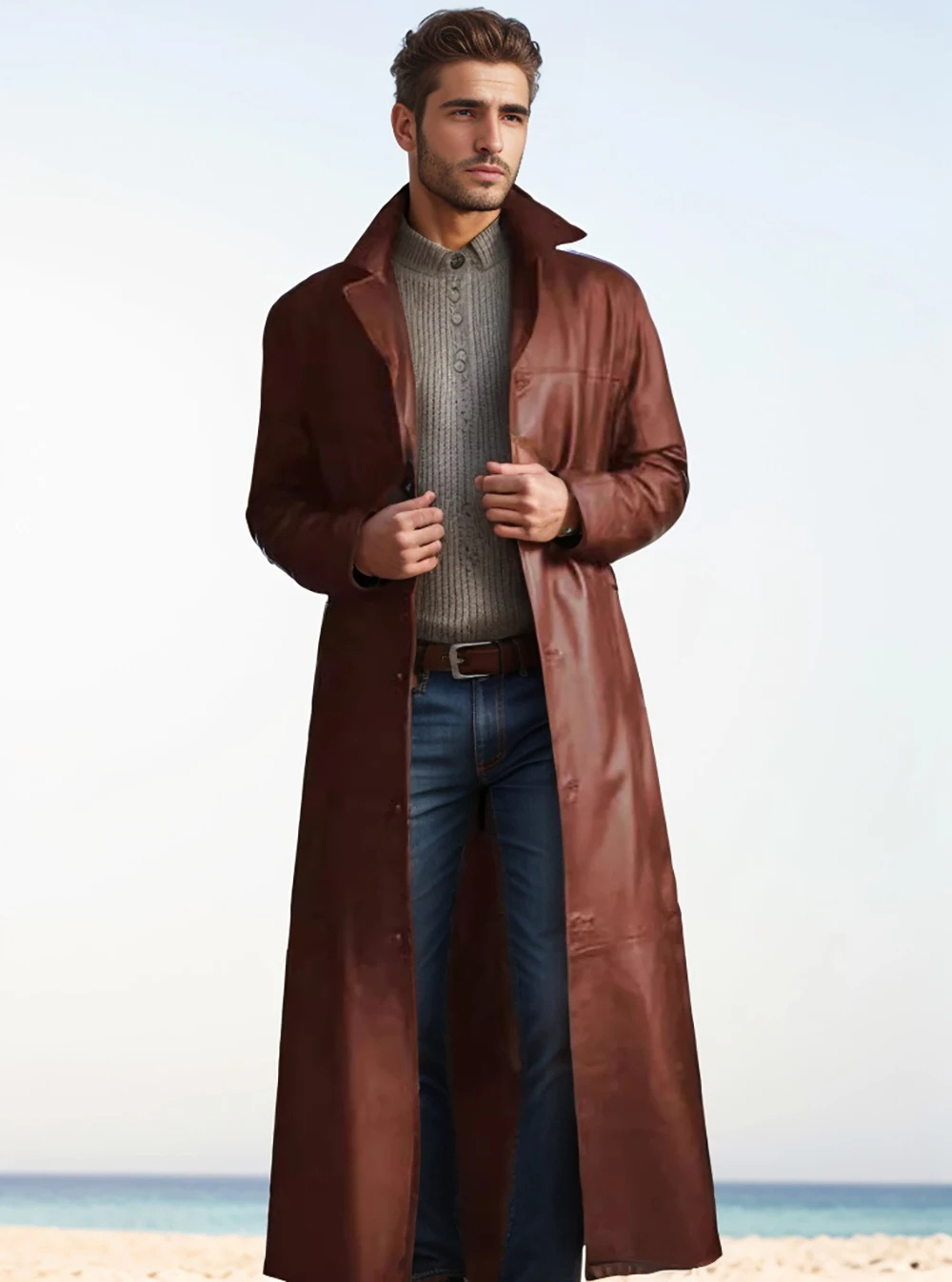 Modern men's coat - Long leather coat with classic lapels