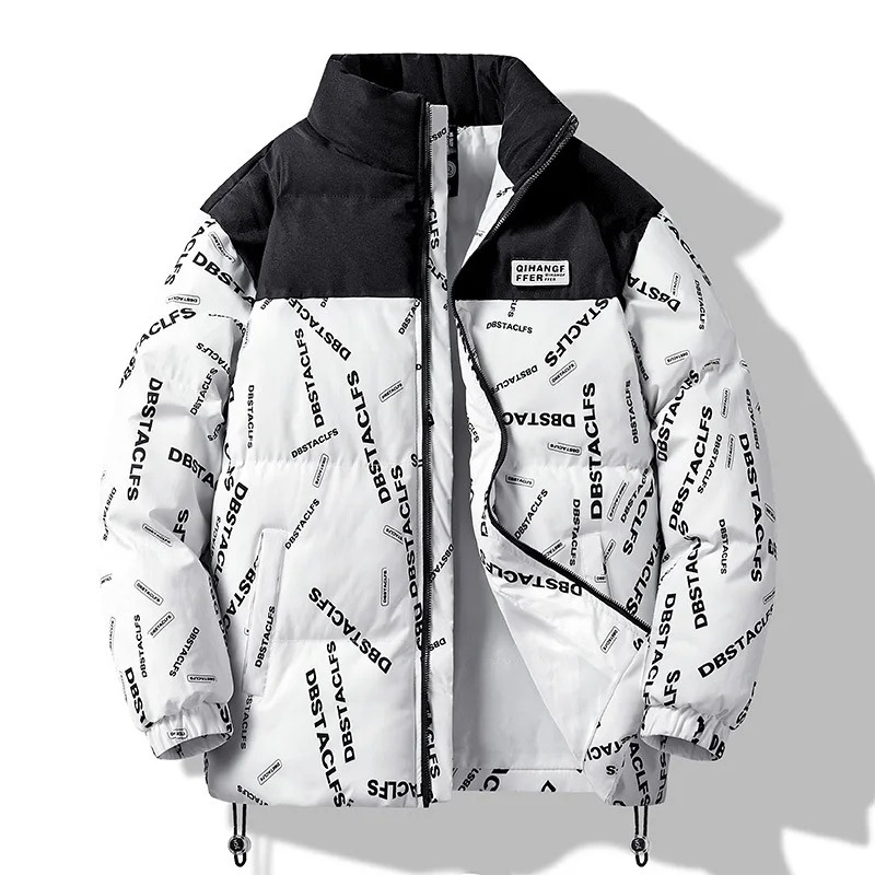 Men's puffer jacket with pattern print and drawstring