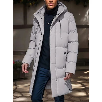 Men's long puffer jacket with adjustable hood and zip