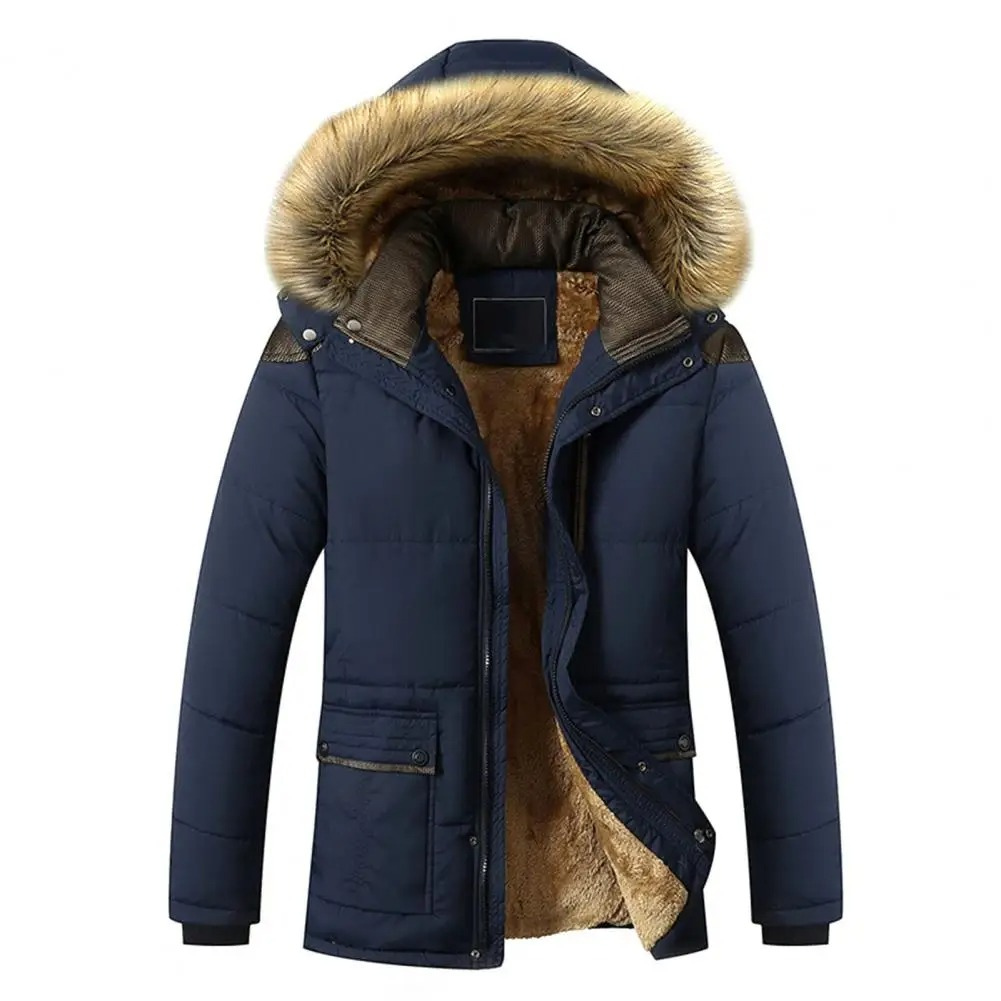 Men's puffer jacket with fur hood and warm lining