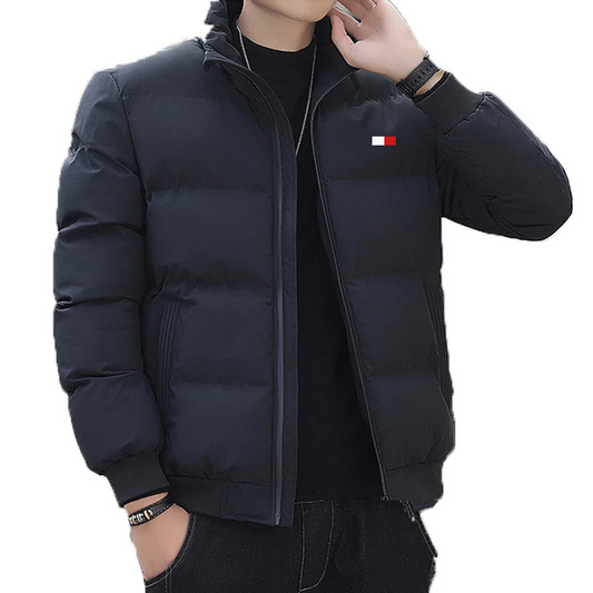 Men's puffer jacket with zip pockets and patch detail