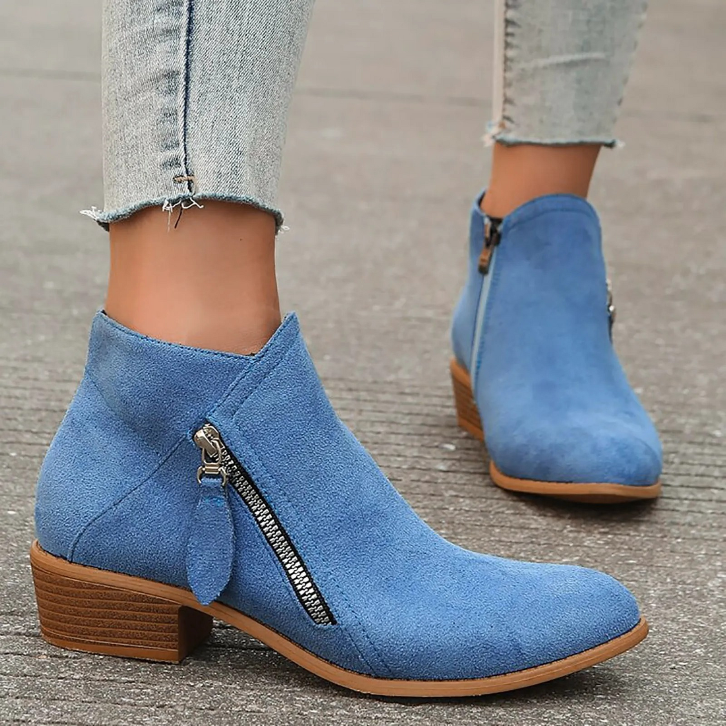 Women's Suede Ankle Boots with Zipper and Low Heel - Women's Ankle Boots