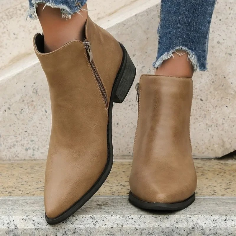 Stylish Ankle Boots with Zipper and Block Heel - Women's Ankle Boots