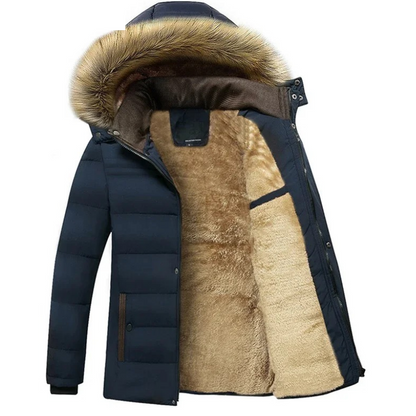 Men's lined parka jacket with hood and faux fur trim