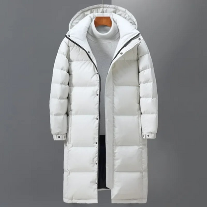 Men's long puffer jacket with insulated hood and full-length zip