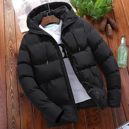 Men's puffer jacket with hood and drawstring