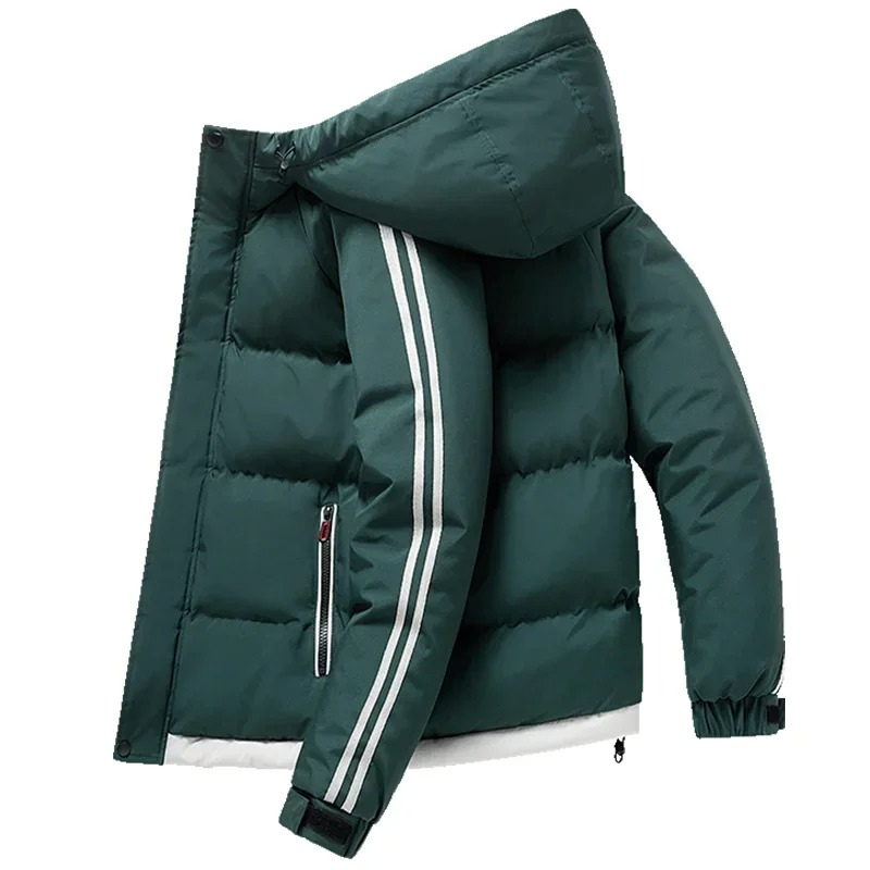 Men's puffer jacket with hood and contrasting stripes