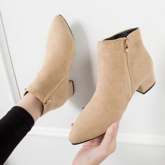 Suede Ankle Boots with Side Zip and Block Heel - Women's Ankle Boots