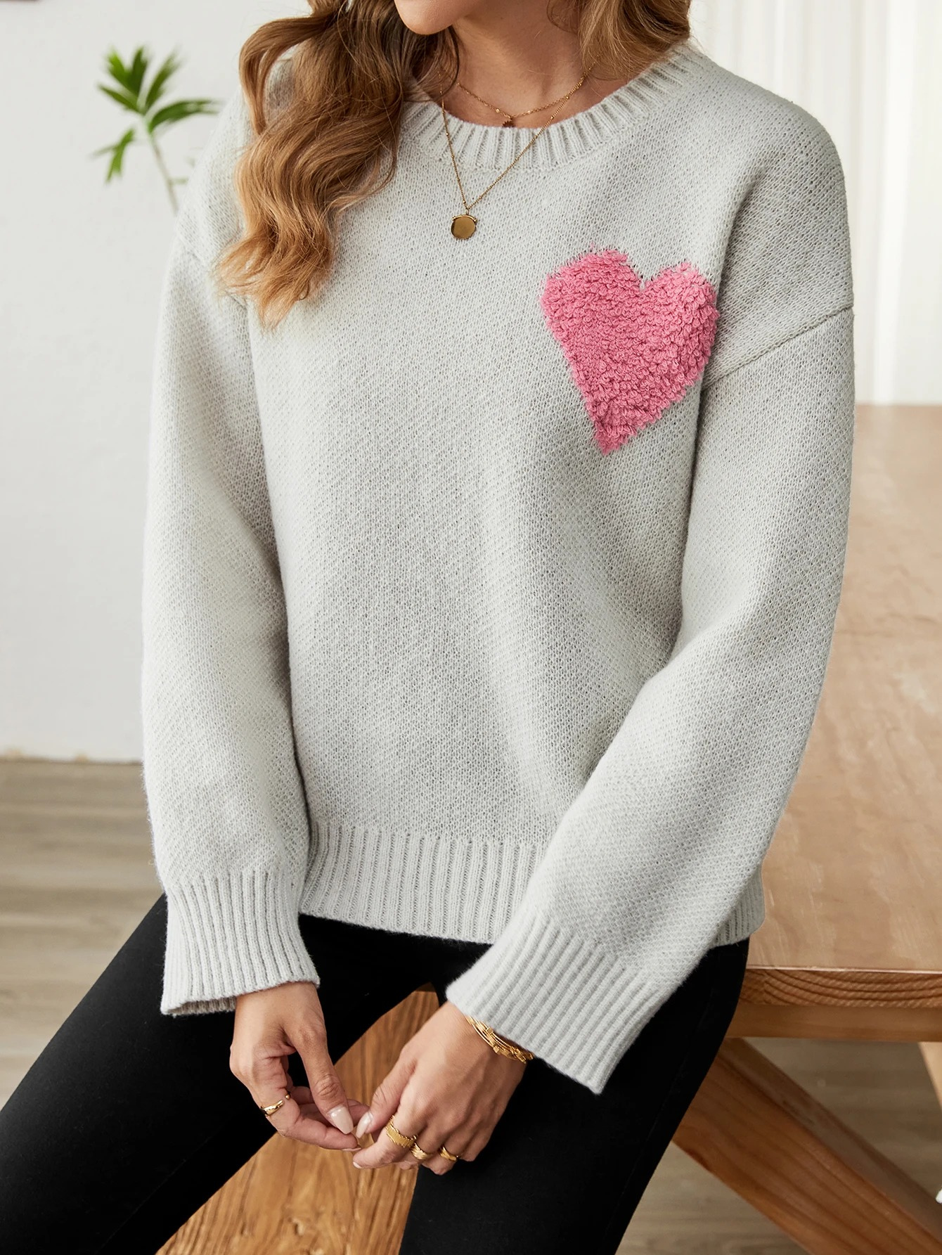 Warm Sweater With Heart Design - Women's Sweater