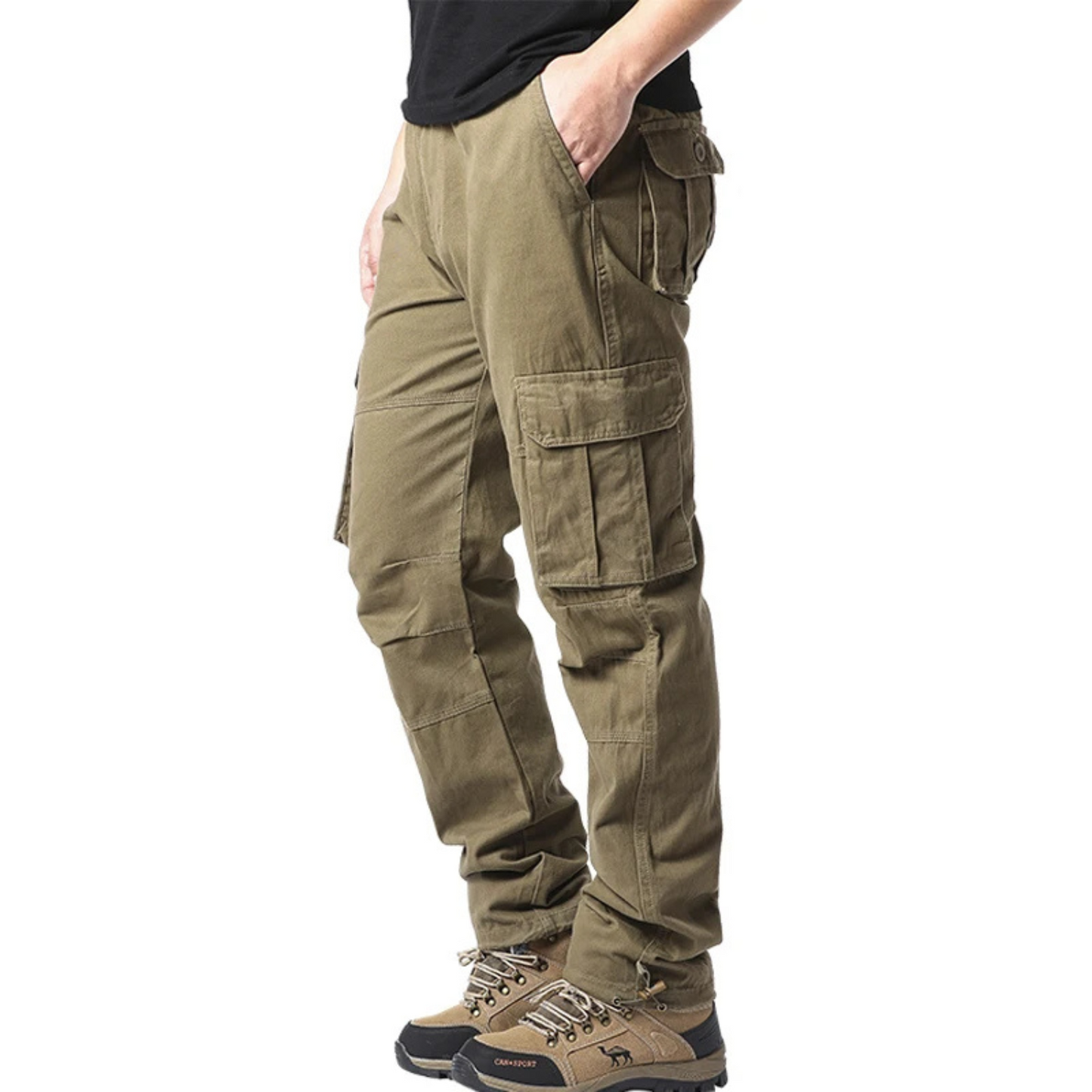 Elasticated waist large pocket cotton cargo trousers mens