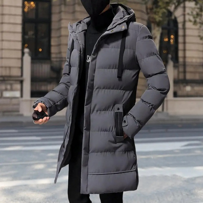 Men's long puffer jacket with large hood and zip pockets