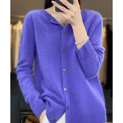 Pure Wool Ladies O-neck Cardigan Cashmere Sweater