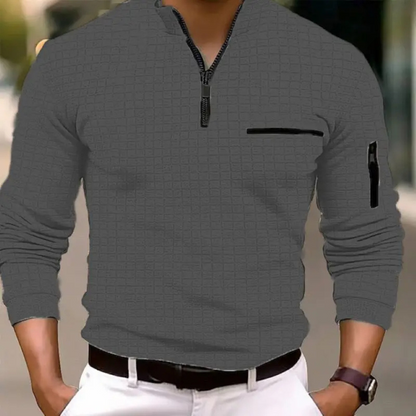 Men's sweater with quarter zip and sleeve pocket, structured knitted jumper