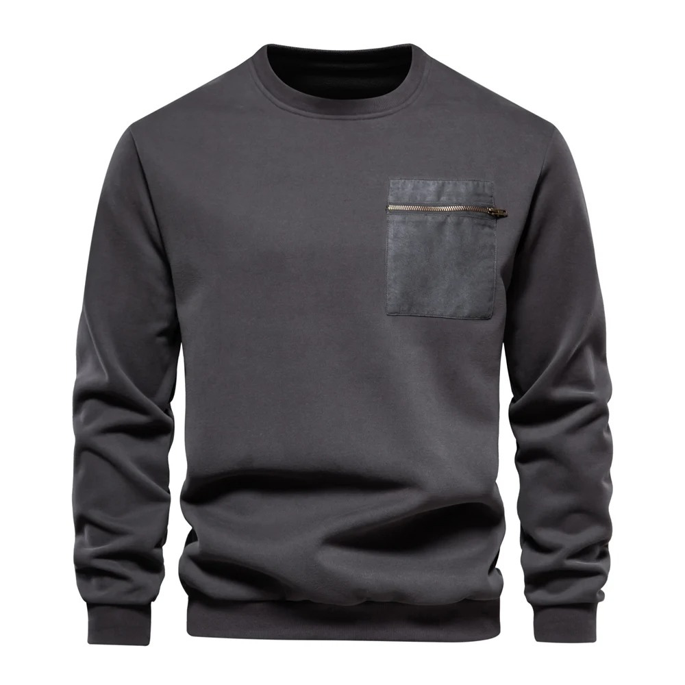 Men's sweater, round neck casual jumper with zip pocket