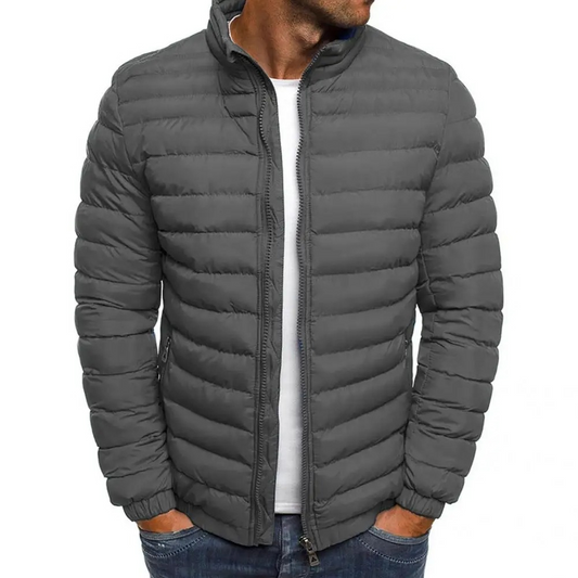 Men's puffer jacket with stand-up collar and front zip