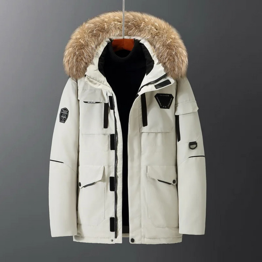 Men's parka winter jacket with thick fur collar and zip