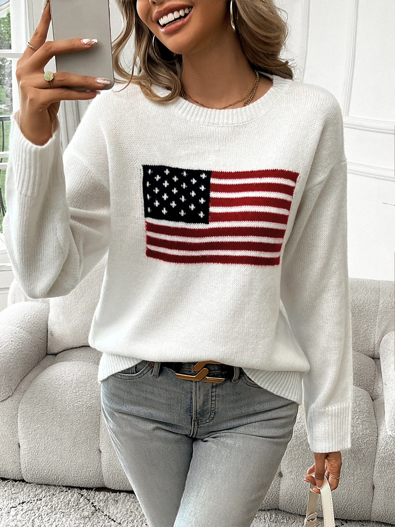 Casual Knitted Sweater With American Flag Print - Women's Sweater