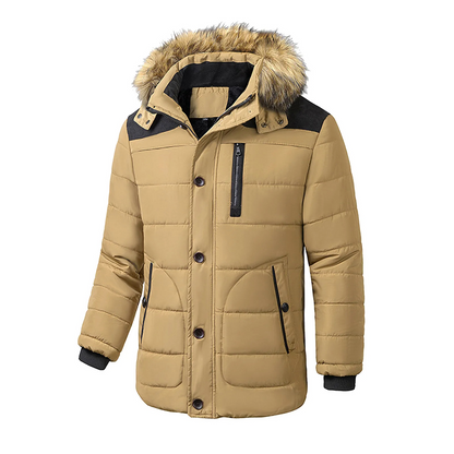 Men's parka winter jacket with detachable fur hood and zip fastening