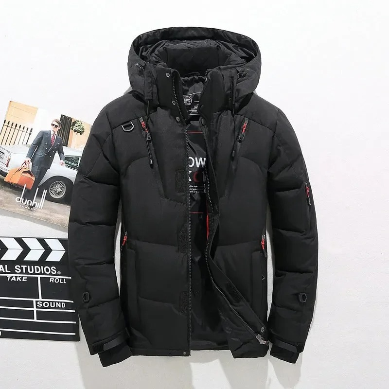 Men's puffer jacket with hood and multiple pockets