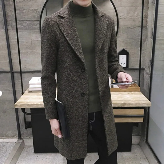 Elegant men's coat - slim-fit wool coat with lapel collar