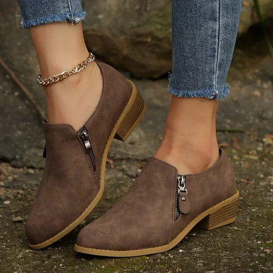 Casual Ankle Boots with Low Heel and Zip - Women's Ankle Boots