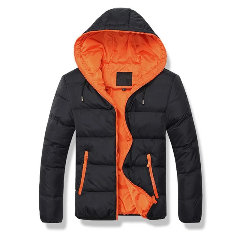 Men's puffer jacket with hood and contrast lining