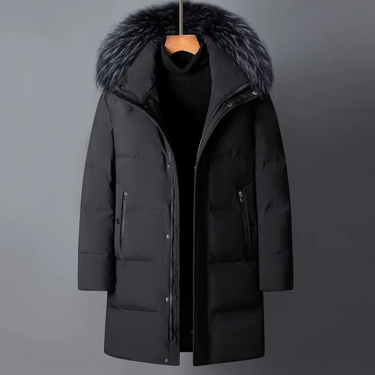 Men's long puffer jacket with fur-trimmed hood and front pockets