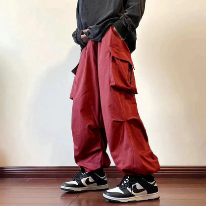 Elasticated waist solid colour baggy cargo trousers men