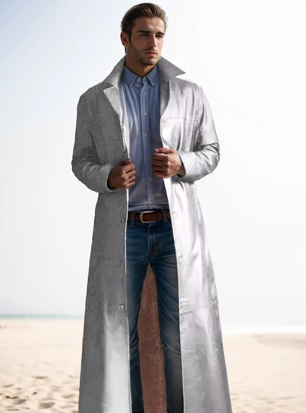 Modern men's coat - Long leather coat with classic lapels