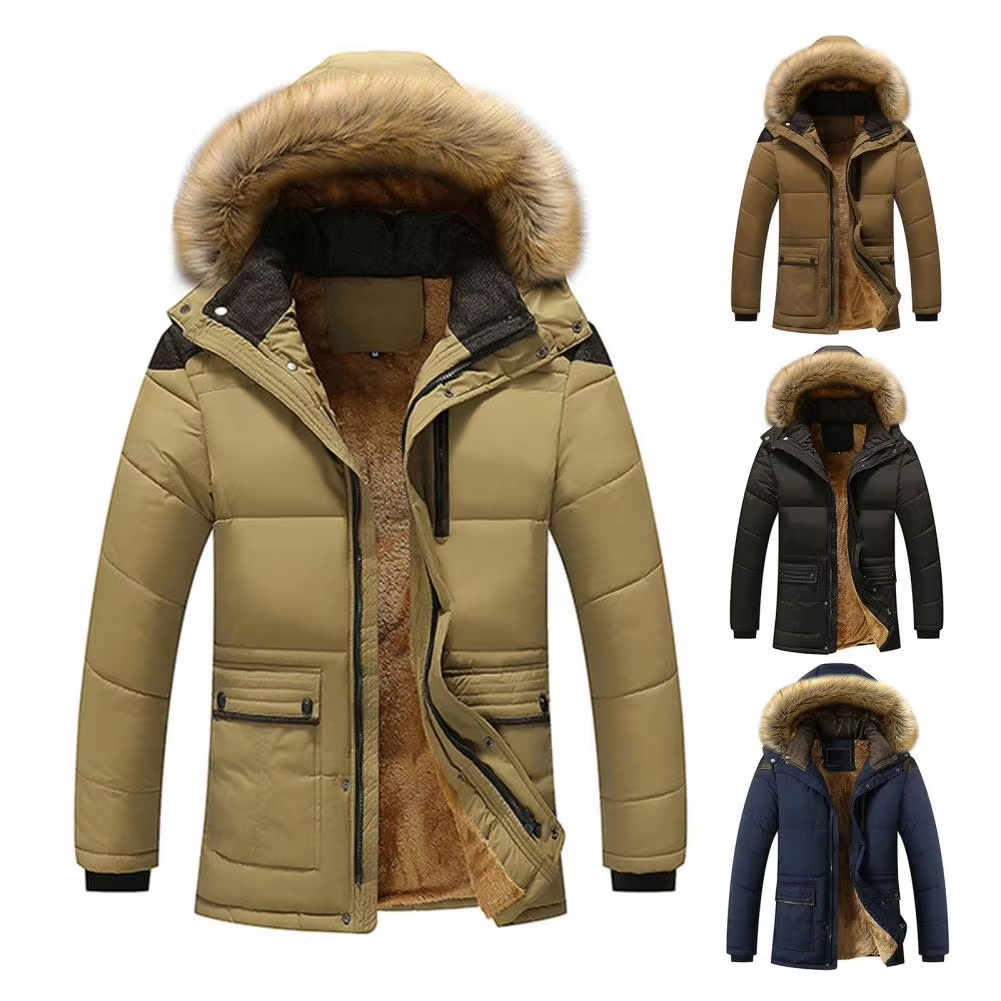 Men's puffer jacket with fur hood and warm lining