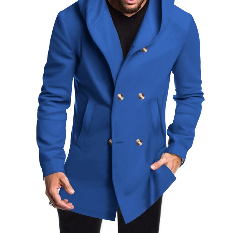 Modern men's coat - Double-buttoned coat with hood