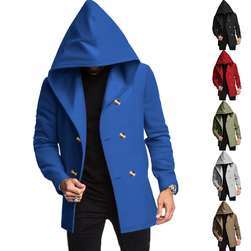 Modern men's coat - Double-buttoned coat with hood