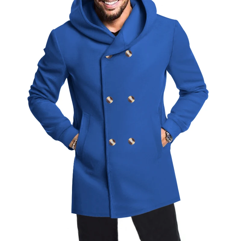 Modern men's coat - Double-buttoned coat with hood