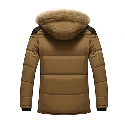 Men's puffer jacket with fur hood and warm lining