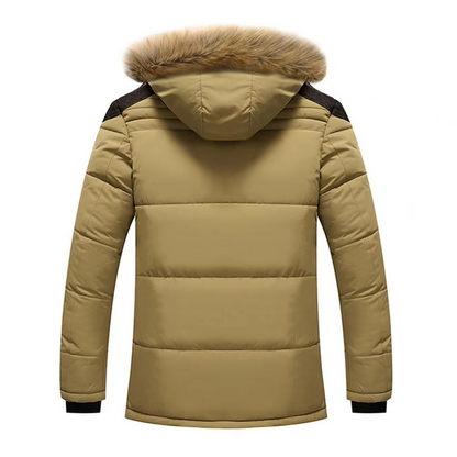 Men's puffer jacket with fur hood and warm lining