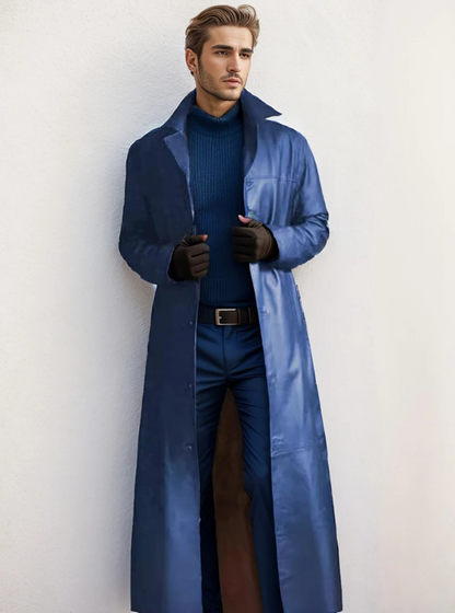 Modern men's coat - Long leather coat with classic lapels