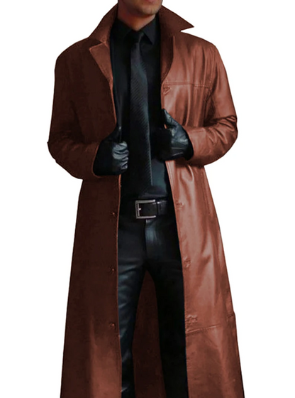 Modern men's coat - Long leather coat with classic lapels