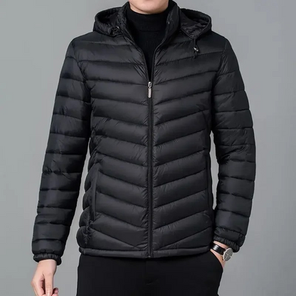 Men's weatherproof puffer jacket with hood and zip