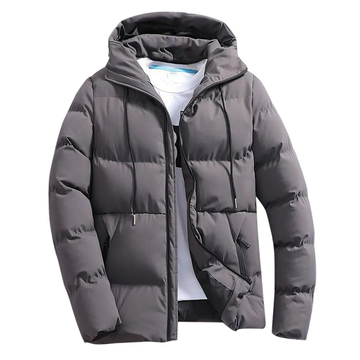 Men's puffer jacket with hood and zip front