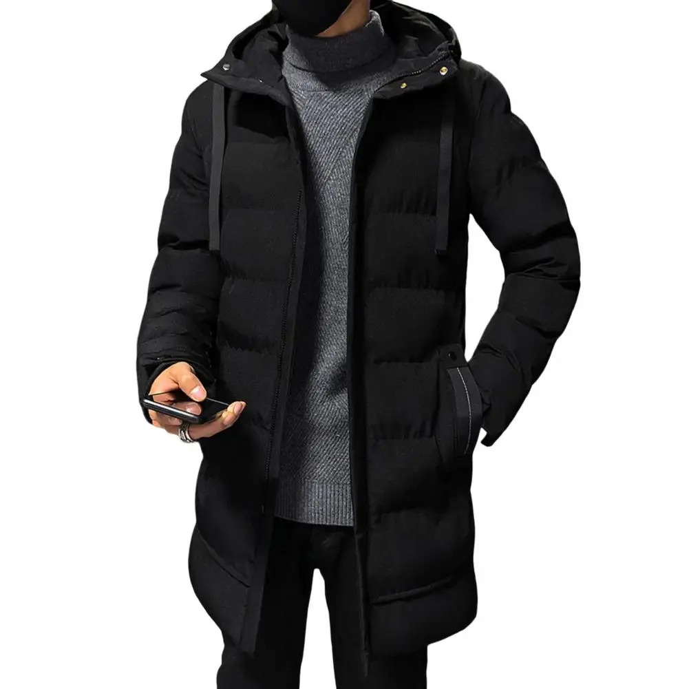 Men's long puffer jacket with large hood and zip pockets